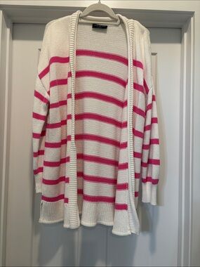 Lane Bryant White and Pink Striped Open-Front Cardigan